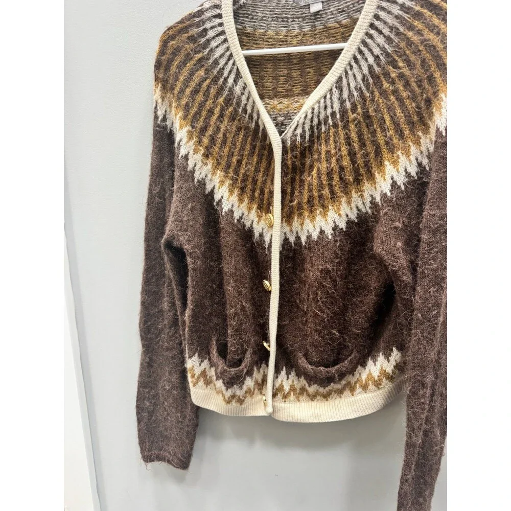 J Crew Sweater Womens Brown Fair Isle Alpaca Wool Button Cardigan - Picture 2 of 4